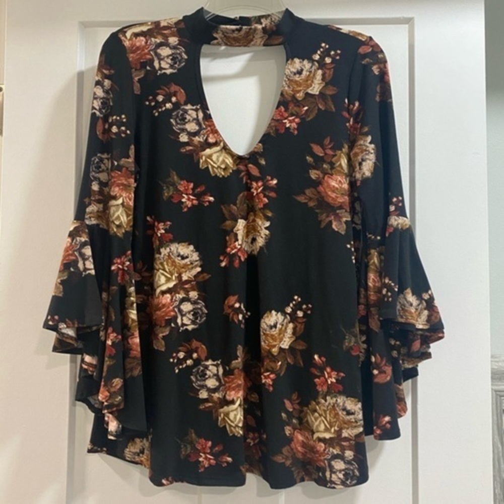 Floral Blouse Long Sleeve Top with Key Hole Cut Out Women’s Flare Sleeve Top
